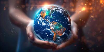 Hands gently cradling a glowing Earth, showcasing continents and sparkling lights symbolizing connection. photo
