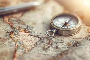 A vintage compass on an ancient map symbolizes exploration, navigation, and adventure in unknown territories photo