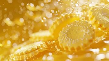 A closeup view of homemade lemon cookies with sugar sprinkles, illuminated in warm golden light and colorful splashes photo