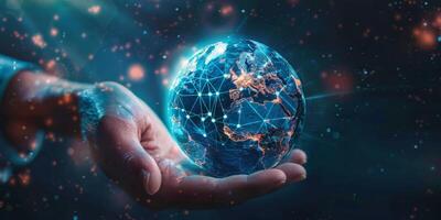 A hand is shown holding a digital globe, symbolizing global network and digital advancement in technology photo