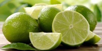 Close-up of fresh whole and cut limes on wooden table, surrounded by green leaves, with a vibrant background. photo