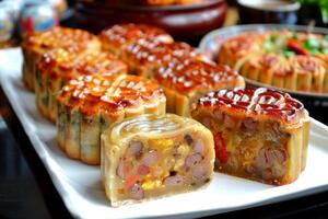 Delight in the exquisite display of authentic Vietnamese mooncakes on a platter, showcasing their flavorful fillings and crisp crusts, embodying the countrys culinary and cultural celebration photo