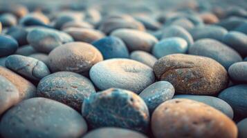 Close-up view of colorful smooth pebbles on a beach with perfect natural lighting, ideal for backgrounds. photo