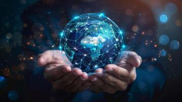 Hands holding a glowing globe represent global connectivity, advanced technology, and an interconnected world photo