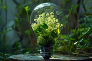 A terrarium with green plants and flowers in a light bulb showcases artistic botanical beauty and creativity photo