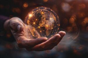 A hand cradling an interconnected, glowing Earth, symbolizing global connectivity and digital networks. photo