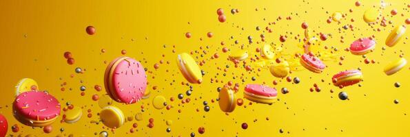 Vibrant pink and yellow macarons flying against a yellow backdrop in a dynamic, artistic composition. photo