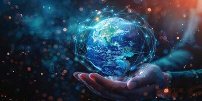 A representation of global connectivity with a digital network surrounding the planet Earth in a hand. photo