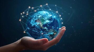 Hand holding a digital earth with network connections, representing global connectivity and technology. photo