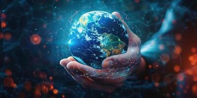 Hands cradling a glowing Earth symbolize global connectivity in a digital network, unity and technological advancement photo