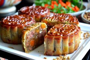 Mooncakes, a traditional Vietnamese delicacy, are popular during the MidAutumn Festival. They come in intricate designs and fillings like lotus seed, red bean, and salted egg yolk photo