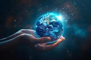 Digital illustration of hands holding Earth, symbolizing global connection and care in a cosmic background. photo