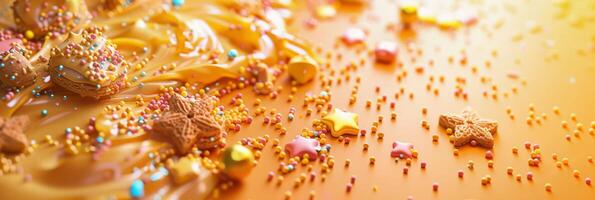 Abstract colorful dessert background with various sprinkles and candies spread across a vibrant surface. photo