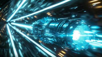 Advanced spacecraft zooming through a futuristic light tunnel at warp speed, a breathtaking interstellar journey photo