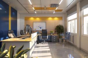 Creating a modern office space with ergonomic furniture, natural light, and sleek design to enhance productivity photo