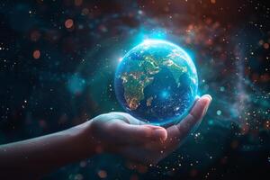 A hand gently holding a glowing Earth, symbolizing global unity, care, and environmental responsibility. photo