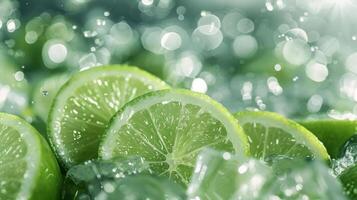 Refreshing close-up of juicy lime slices with droplets of water, showcasing the freshness of citrus fruits. photo