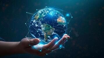 A futuristic visual of a worldwide network encased in a hand, symbolizing technology and global interconnectedness photo