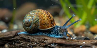 Macro photograph capturing a snail on a log, featuring intricate shell details and natural surroundings. photo