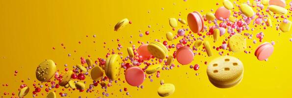 Captivating display of vibrant sweets and macarons spreading color against a lively yellow backdrop photo