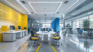Bright open office with colorful partitions, modern furniture, and glass walls for a contemporary look photo