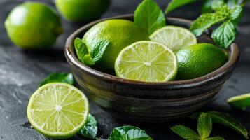 Close-up of fresh limes in a bowl with mint leaves on dark background. Perfect for culinary projects. photo