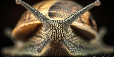 Macro photograph of a snail showcasing its detailed antennae and shell texture, with a dark background. photo