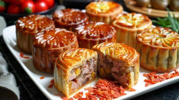 These delightful Vietnamese mooncakes have intricately designed crusts filled with various savory and sweet flavors, capturing the essence of traditional MidAutumn Festival treats photo