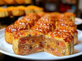 Vietnamese mooncakes are a delectable treat typically enjoyed during the MidAutumn Festival. They are stuffed with nuts, dried fruits, and sweet paste, creating a savory and exquisite dessert photo