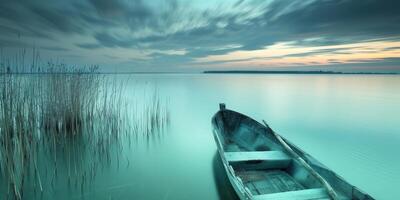 A serene scene with a boat on a calm lake at dusk, under a cloudy sky, evokes peace and tranquility photo