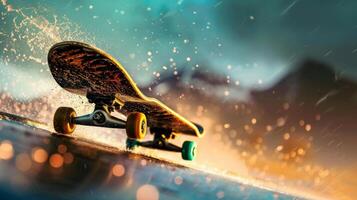 A skateboard in motion against a vibrant urban background with water splashes creating a dynamic scene. photo