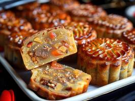 Experience the joy of autumn with delicious Vietnamese mooncakes, handcrafted to perfection with a blend of nuts, fruits, and sweetness. Celebrate the seasons spirit with this artisanal delight photo
