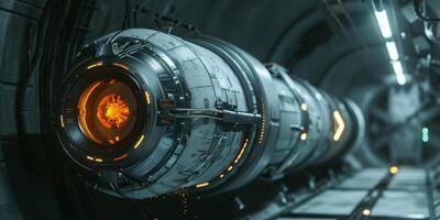 Detailed view of a futuristic sci-fi spaceship docked in a dimly lit space tunnel with glowing elements. photo