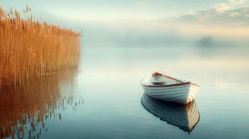 A tranquil scene featuring a small boat on a calm lake, surrounded by golden reeds during the early morning hours photo