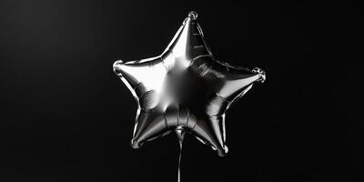 A beautifully crafted silver starshaped balloon gracefully floats against a deep black backdrop, softly illuminated, creating a striking visual contrast that truly captivates the eye and imagination photo