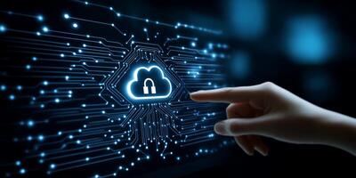 A hand interacts with a modern touch screen displaying symbols of cloud storage security and network connections, set against a deep blue backdrop, showcasing technologys captivating visuals photo