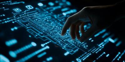 A hand is actively interacting with a digital touchscreen display that showcases a variety of technology icons, including those representing cloud storage options and security network systems photo