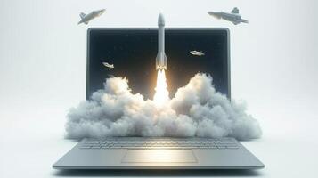 A sleek laptop screen shows a rocket launching into a vast blue sky with fluffy clouds, symbolizing cuttingedge technology and the endless opportunities for creative ideas to be explored photo