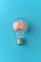 This artwork features a unique human brain inside a light bulb, symbolizing the spark of creativity and innovation, set against a striking vibrant blue background that enhances its impact photo