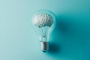 A striking image of a human brain inside a glowing light bulb symbolizes the continuous generation of innovative ideas and inspiration that guides us toward creativity and progress photo