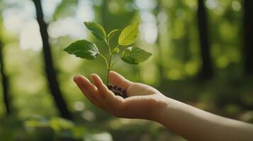 A young child holds a vibrant green plant against a beautiful backdrop, symbolizing Earth Day and promoting ecofriendliness and sustainability for a brighter future for our planet photo