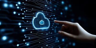 A human hand interacts with a digital interface showcasing cloud storage and connectivity, highlighting the importance of modern digital security systems for a secure user experience photo