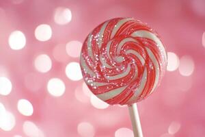 A vibrant, glittering lollipop adorned with playful red and white swirls, beautifully set against a dreamy pink backdrop, making it the ideal treat for candy lovers and perfect for festive occasions photo