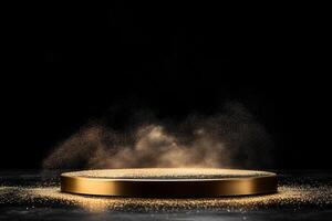This striking 3D rendering of a luxurious gold podium is designed to showcase achievements or highend products, elegantly set against a sleek black background that enhances its appeal photo