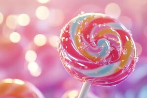 A vibrant and eyecatching swirled lollipop featuring delightful shades of pink, blue, and yellow colors set against a dreamy bokeh background, which evokes a strong sense of sweetness and pure fun photo