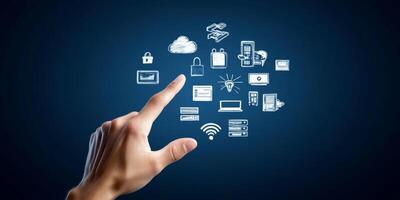 A hand reaches out to a glowing screen filled with colorful tech icons representing online networking, secure cloud storage, and advanced security systems focused on user privacy and data integrity photo