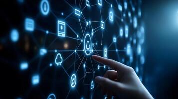 A hand reaches out to interact with a vibrant digital screen displaying technology and network icons like cloud storage and data security, set against an immersive blue background photo