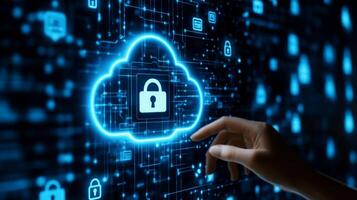A hand gracefully touches a vibrant digital screen displaying a variety of cloud storage, cybersecurity, and advanced technology icons, emphasizing the importance of modern network connections today photo