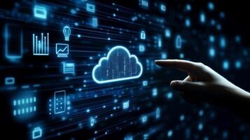 A human hand interacts with a colorful interface of icons representing cloud storage and tech, symbolizing the significance of online connectivity and security in our digital lives photo