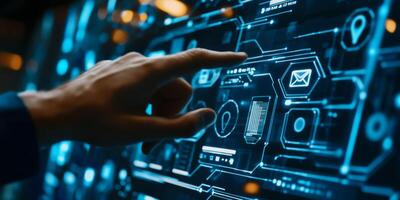 A hand interacts with a bright touchscreen displaying tech and network icons on a deep blue background, representing cloud storage and highlighting the importance of data security photo